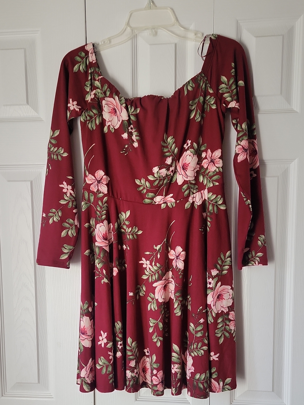 Nine Britton Burgundy Long-Sleeve Floral Dress with Pink Blossoms
